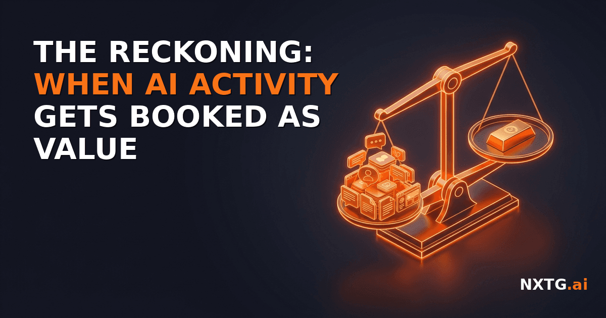 A glowing orange isometric balance scale on a dark charcoal background, one pan heaped with chat, document and dashboard icons and the other holding a single gold ingot, with the article title in white and orange capitals at upper left and the NXTG.ai wordmark at lower right.