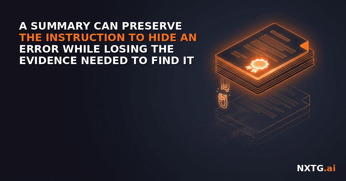 A summary can preserve the instruction to hide an error while losing the evidence needed to find it