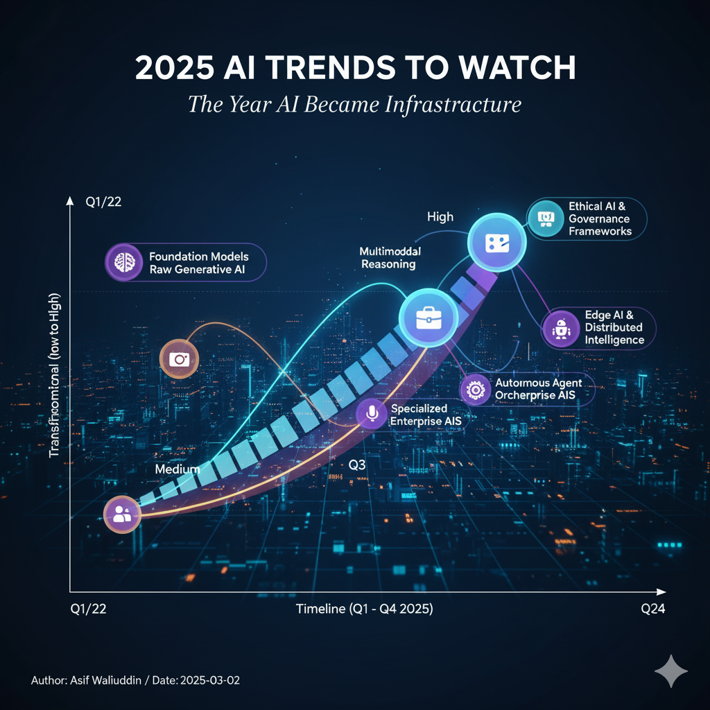 2025 AI Trends: Timeline and Impact Matrix showing when major AI developments emerged and their transformational impact on the industry