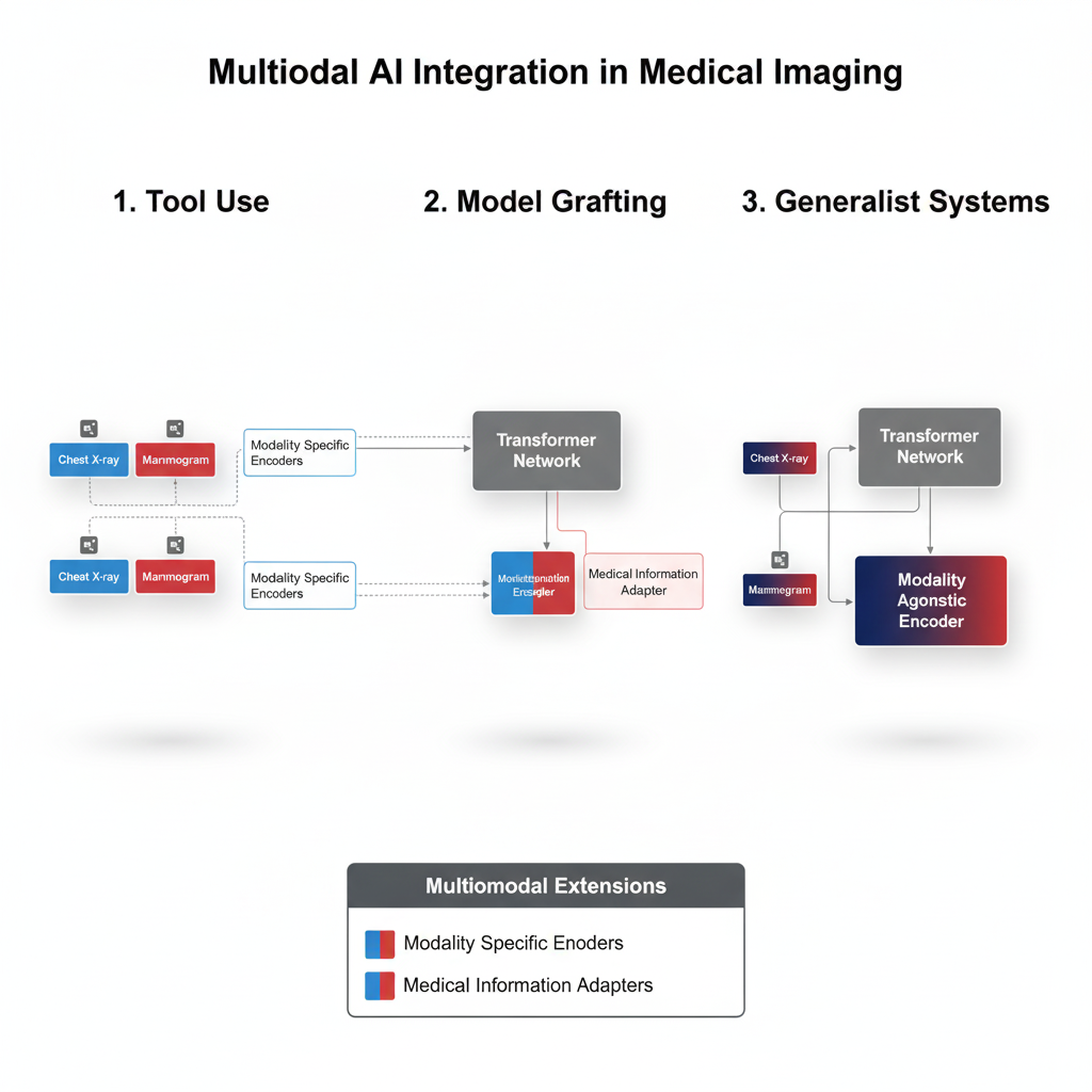 Visualization of three approaches for multimodal AI integration in medical imaging, highlighting how different encoders and adapters interact with transformer networks.